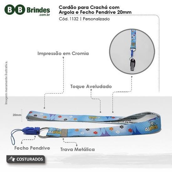 Imagem de Cordão para crachá com argola e fecho pendrive 20mm